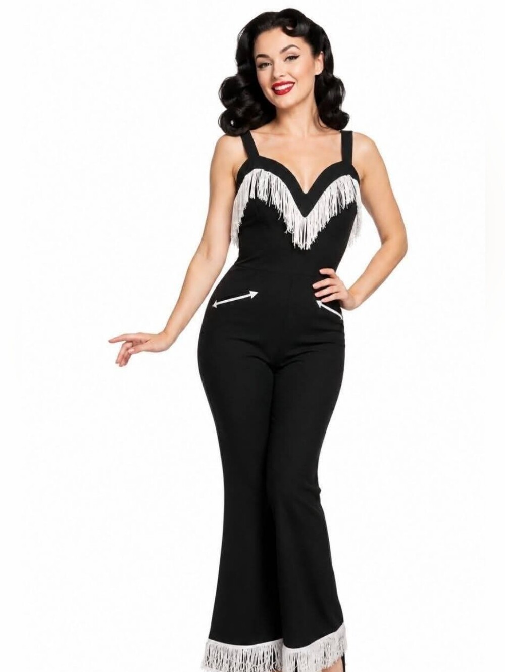 Fringe-Trim Black Jumpsuit - Vintage-Inspired Women’s Romper